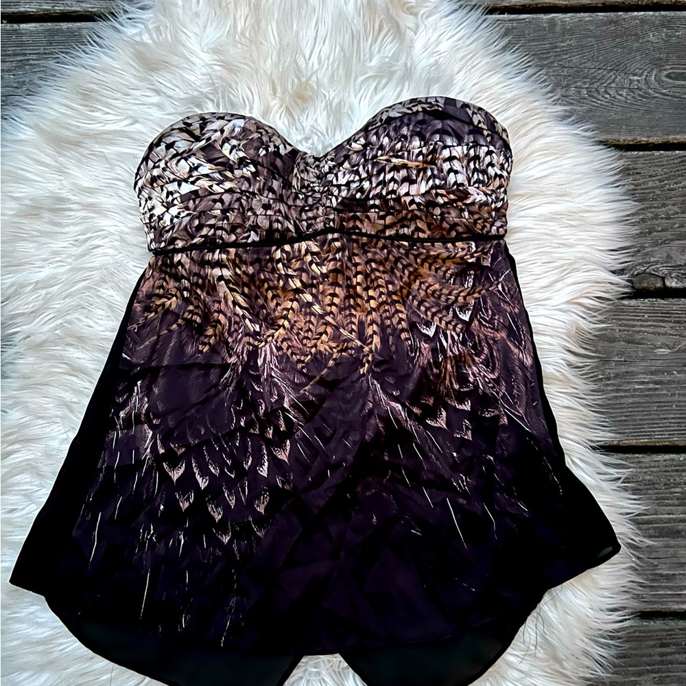 BEBE Silk Open Back Feather Graphic Bustier Strapless Top Blouse